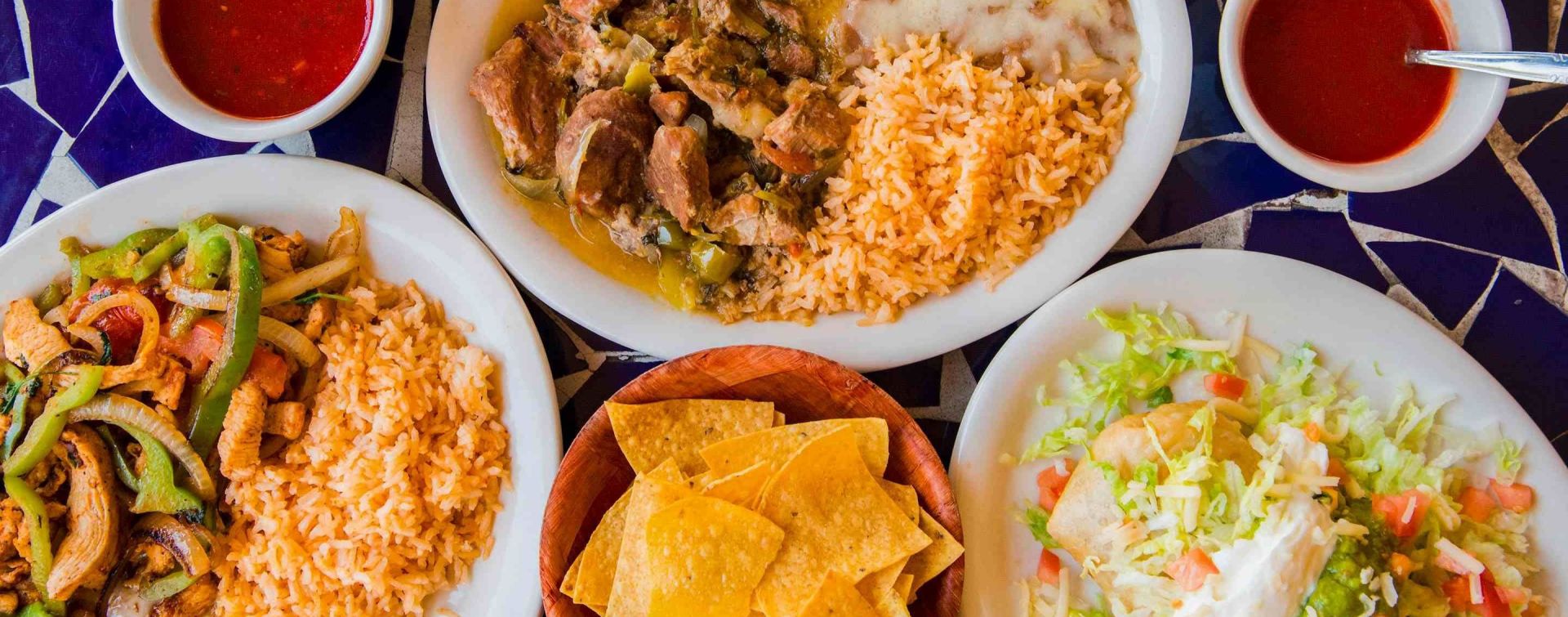 A trio of authentic Mexican food: Chile verde, Chicken picado, and chips and salsa at Chapala's Mexican Restaurant